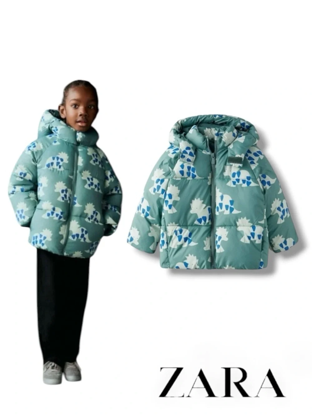 ZARA Kids Green Dinosaur Water Repellent Puffer Coat NWT Size 12-18M